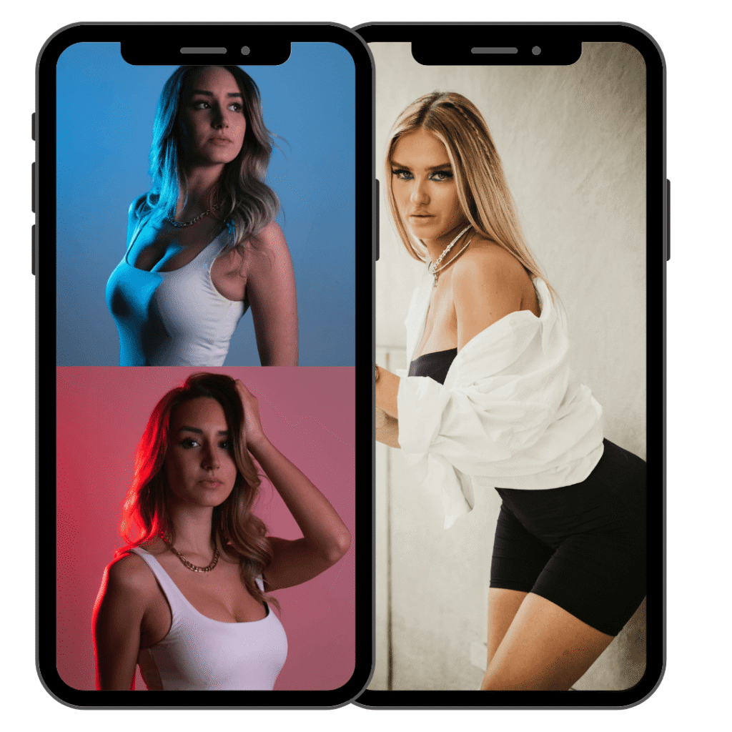 Bild på två smartphones innehållandes modellportfolio foton.