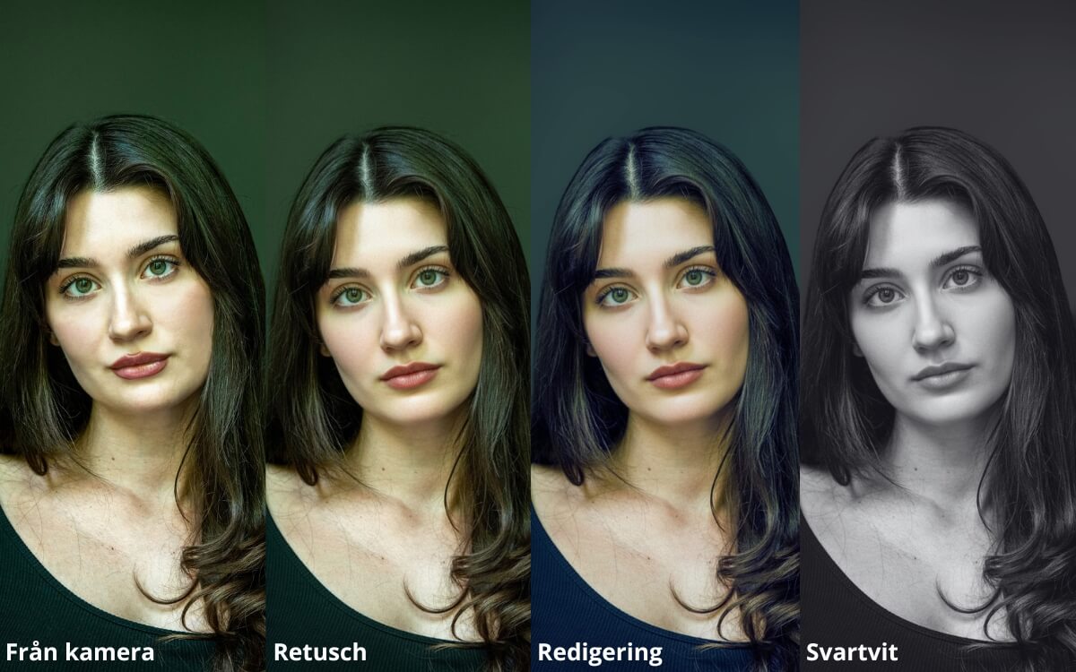 Före- och efterbilder på hur processen för retusch/redigering ser ut på modellfoton.